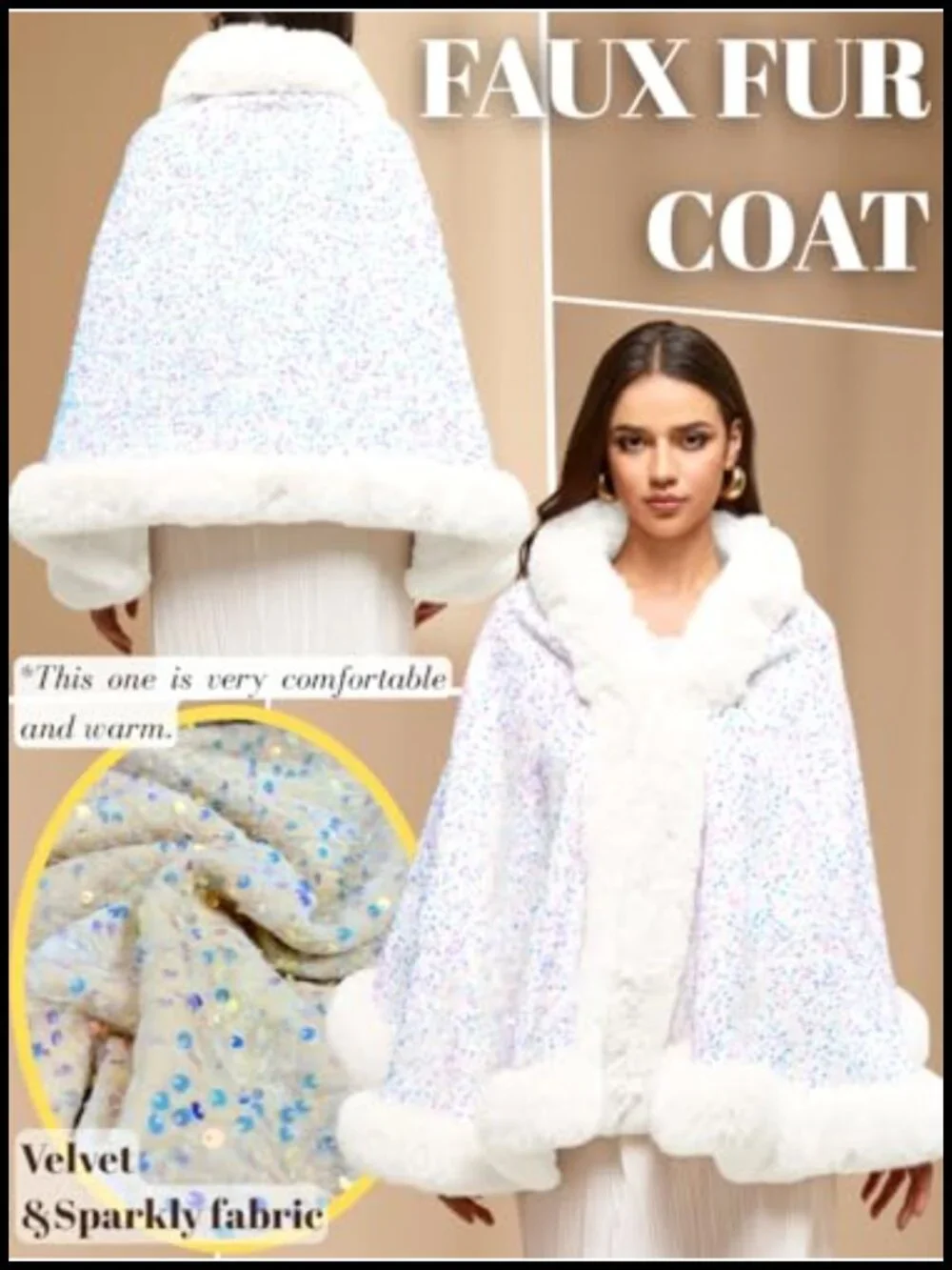 Luxury Sequin Faux Fur Shawl Wrap, Elegant Velvet Evening Cape, Winter Bridal